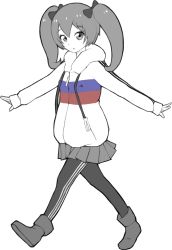 Rule 34 | 1girl, archived source, boots, bow, drawfag, greyscale, hair ornament, highres, hood, hoodie, looking at viewer, monochrome, original, pantyhose, russian flag, shadow-chan, skirt, solo, twintails