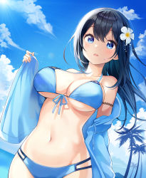 Rule 34 | 0v0 (l seohui), 1girl, absurdres, bad id, bad pixiv id, bare shoulders, bikini, black hair, blue bikini, blue eyes, blue jacket, breasts, cleavage, cloud, cowboy shot, day, flower, front-tie bikini top, front-tie top, groin, hair flower, hair ornament, halterneck, halterneck, highres, jacket, large breasts, long hair, looking at viewer, multi-strapped bikini, navel, off shoulder, open clothes, open jacket, open mouth, original, outdoors, sky, solo, stomach, sunlight, sweat, swimsuit