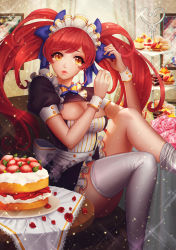 Rule 34 | 1girl, ango, ankkoyom, bad id, bad pixiv id, bow, breasts, brown eyes, cake, cleavage, cleavage cutout, clothing cutout, female focus, flower, food, frills, fruit, hair bow, hair ribbon, highres, indoors, large breasts, lips, long hair, maid, maid headdress, original, red hair, ribbon, rose, sitting, solo, sparkle, strawberry, table, tears, thighhighs, tiered tray, twintails, white thighhighs, wrist cuffs