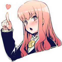 Rule 34 | 1girl, arm up, bad id, blush, ddal, heart, long hair, louise francoise le blanc de la valliere, open mouth, pentacle, pink eyes, pink hair, pointing, sketch, solo, upper body, zero no tsukaima