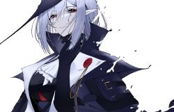 Rule 34 | 1girl, arknights, ascot, black gloves, closed mouth, elbow gloves, gladiia (arknights), gloves, grey hair, hair between eyes, hat, high collar, highres, holding, holding own hair, looking at viewer, pale skin, pointy ears, red eyes, signal 1120, simple background, solo, upper body, white ascot, white background