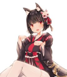 Rule 34 | 1girl, animal ears, azur lane, black hair, black kimono, blunt bangs, cat mask, clenched hands, fang, floral print, highres, japanese clothes, kimono, long sleeves, looking at viewer, mask, mask on head, open mouth, red eyes, shirobato, short hair, simple background, sitting, skin fang, solo, white background, wide sleeves, yamashiro (azur lane)
