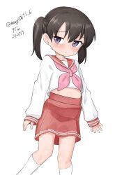 Rule 34 | 1girl, absurdres, black hair, cosplay, feet out of frame, highres, hiiragi kagami, hiiragi kagami (cosplay), kantai collection, long sleeves, lucky star, maru (marg0613), neckerchief, one-hour drawing challenge, pink neckerchief, pleated skirt, purple eyes, red sailor collar, red skirt, ryouou school uniform, sailor collar, school uniform, serafuku, shirt, short hair, shounan (kancolle), simple background, skirt, solo, twintails, twitter username, white background, white shirt