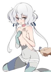 Rule 34 | 10s, 1boy, 1girl, applying makeup, bandages, blue eyes, commentary, covering privates, embarrassed, flat chest, konno junko, nude, sitting, stitches, trowel, twintails, wariza, white background, white hair, yuzuruka (bougainvillea), zombie, zombie land saga