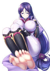 Rule 34 | 1girl, barefoot, blush, breasts, fate/grand order, fate (series), feet, foot focus, huge breasts, large breasts, long hair, minamoto no raikou (fate), parted bangs, purple eyes, purple hair, see-through, sitting, soles, solo, toes, very long hair