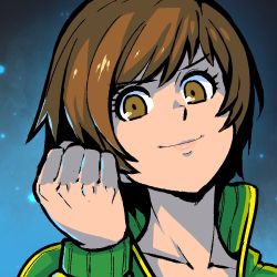 Rule 34 | 1girl, akairiot, blue background, brown eyes, brown hair, clenched hand, commission, gradient background, green jacket, hand up, jacket, looking at viewer, persona, persona 4, satonaka chie, shadow, short hair, smile, solo