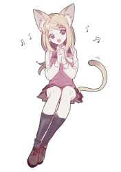 Rule 34 | 1girl, akamatsu kaede, animal ear fluff, animal ears, ankle socks, black socks, blonde hair, brown footwear, cat ears, cat tail, collared shirt, commentary request, crest, cross-laced footwear, danganronpa (series), danganronpa v3: killing harmony, eyelashes, fortissimo, full body, hair ornament, interlocked fingers, kemonomimi mode, knees, long hair, long sleeves, looking at viewer, medium skirt, motion lines, musical note, musical note hair ornament, open mouth, own hands clasped, own hands together, pink vest, purple eyes, purple skirt, shirt, shoes, simple background, skirt, smile, socks, solo, tail, unagi (nakaelric), vest, white background, white shirt, white sleeves
