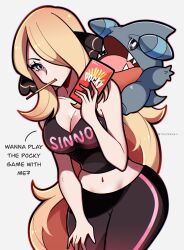 Rule 34 | 1girl, absurdres, artist name, blonde hair, blue eyes, breasts, cleavage, commentary, cowboy shot, creatures (company), cynthia (pokemon), english commentary, english text, food, food in mouth, game freak, gen 4 pokemon, gible, grey background, hair over one eye, hand on own leg, highres, holding, holding food, holding pocky, large breasts, leaning forward, long hair, looking at viewer, midriff, navel, nintendo, pants, pocky, pocky in mouth, pokemon, pokemon (creature), pokemon dppt, solo focus, sweatpants, tank top, touyarokii, very long hair