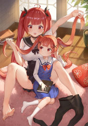 Rule 34 | 2girls, :o, ahoge, ass, azur lane, barefoot, black choker, black legwear, black sailor collar, black skirt, blush, book, book stack, bow, bowtie, breasts, buttons, choker, closed mouth, collarbone, crossover, day, dorsiflexion, dress, feet, frown, hair ornament, hair ribbon, high-waist skirt, highres, holding, holding book, holding hair, honolulu (azur lane), honolulu (umbrella girl) (azur lane), indoors, knees up, large breasts, light particles, long hair, long sleeves, look-alike, looking at another, miniskirt, multiple girls, no shoes, open mouth, orange hair, pantyhose, pantyhose around one leg, pillow, plant, pleated skirt, potted plant, red eyes, red hair, red neckwear, ribbon, sailor collar, sailor dress, school uniform, shirt, short sleeves, sidelocks, sitting, skirt, socks, spread toes, tanemura koyori, thighs, toes, trait connection, twintails, v-shaped eyebrows, very long hair, watashi ni tenshi ga maiorita!, white legwear, white shirt, window, window shadow, x hair ornament, ziko