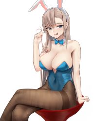 Rule 34 | 1girl, :q, absurdres, animal ears, asuna (blue archive), asuna (bunny) (blue archive), bare shoulders, black pantyhose, blue archive, blue eyes, blue leotard, blurry, bow, bowtie, breasts, cleavage, collarbone, covered navel, crossed bangs, crossed legs, cup, detached collar, drinking glass, fake animal ears, hand up, headband, highleg, highleg leotard, highres, holding, holding own hair, knees together feet apart, large breasts, leotard, long hair, looking at viewer, mole, mole on breast, no bra, official alternate costume, pantyhose, parted bangs, platinum blonde hair, playboy bunny, sagging breasts, simple background, sitting, solo, strapless, strapless leotard, thighs, tongue, tongue out, traditional bowtie, twirling hair, ur-8, white background, white headband, white headwear