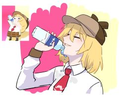 Rule 34 | blonde hair, blouse, blush, bottle, chibi, closed eyes, collared shirt, crmanzana, failure, from side, hair between eyes, hat, holding, holding bottle, hololive, hololive english, holomyth, medium hair, necktie, parted lips, red necktie, reference inset, shirt, smile, smol ame, upper body, virtual youtuber, water bottle, watson amelia, wet, wet clothes, wet shirt, white shirt, wing collar