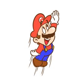 Rule 34 | 1boy, brown hair, facial hair, full body, gloves, grin, hand up, hat, highres, jumping, looking up, male focus, mario, mario (series), mustache, nintendo, open mouth, overalls, smile