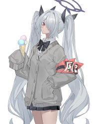 Rule 34 | 1girl, absurdres, armband, black bow, blue archive, blush, bow, brown cardigan, cardigan, collared shirt, cowboy shot, dark-skinned female, dark skin, echj, food, grey hair, hair over one eye, hair ribbon, halo, hand in pocket, highres, holding, holding food, holding ice cream, ice cream, ice cream cone, iori (blue archive), long hair, long sleeves, pleated skirt, pointy ears, red eyes, ribbon, shirt, skirt, sleeves past fingers, sleeves past wrists, solo, triple scoop, twintails, very long hair
