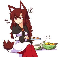 Rule 34 | 1girl, :t, ?, animal ear fluff, animal ears, blush stickers, breasts, brooch, brown hair, collarbone, commentary, dress, durian, eating, english commentary, feet out of frame, food, hair between eyes, holding, holding food, holding plate, imaizumi kagerou, jewelry, long hair, medium breasts, mg mg, multicolored clothes, multicolored dress, plate, red dress, red eyes, shadow, simple background, sitting, solo, spoken question mark, tail, tail wagging, touhou, white background, white dress, wolf ears, wolf tail, wool (miwol)