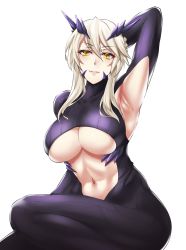 Rule 34 | 1girl, arm behind head, arm up, armpits, artoria pendragon (fate), artoria pendragon (lancer alter) (fate), black bodysuit, blonde hair, blush, bodysuit, braid, breasts, center opening, fate/grand order, fate (series), french braid, hair between eyes, highres, horns, large breasts, long hair, looking at viewer, navel, purupurupero, revealing clothes, ribbed bodysuit, sidelocks, simple background, smile, thighs, underboob, white background, yellow eyes