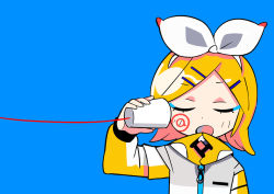 Rule 34 | 1girl, blonde hair, blue background, bow, chibi, closed eyes, hair bow, kagamine rin, nee nee nee. (vocaloid), open mouth, simple background, solo, string phone, swept bangs, terada tera, vocaloid
