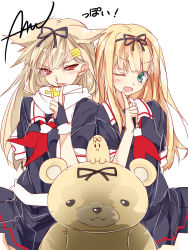 Rule 34 | 10s, 2girls, black gloves, black serafuku, black skirt, blonde hair, dual persona, fingerless gloves, gloves, green eyes, hair flaps, hair ornament, hair ribbon, hairclip, kantai collection, long hair, looking at viewer, mtu (orewamuzituda), multiple girls, neckerchief, one eye closed, open mouth, pleated skirt, red eyes, red neckerchief, remodel (kantai collection), ribbon, scarf, school uniform, serafuku, signature, sketch, skirt, smile, stuffed animal, stuffed toy, teddy bear, the yuudachi-like creature, tongue, tongue out, translated, white scarf, yuudachi (kancolle)