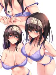 Rule 34 | 1girl, absurdres, adjusting bra, adjusting clothes, areola slip, ass, blue eyes, blush, bra, breasts, brown hair, cleavage, commentary request, cowboy shot, foreshortening, from behind, hair between eyes, hairband, highres, idolmaster, idolmaster cinderella girls, large breasts, long hair, looking at viewer, motion lines, multiple views, natsu (nattiyann), navel, open bra, open mouth, parted lips, removing bra, revision, sagisawa fumika, simple background, standing, strap gap, underwear, underwear only, undressing, white background