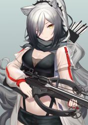 Rule 34 | 1girl, animal ears, arknights, arrow (projectile), black scarf, black shorts, bow (weapon), breasts, cat ears, chinese commentary, commentary request, crop top, crossbow, grey background, hair over one eye, highres, holding, holding bow (weapon), holding crossbow, holding weapon, jacket, large breasts, long hair, long sleeves, looking at viewer, midriff, one eye closed, quiver, scarf, schwarz (arknights), shiliuyexiaohei, short shorts, shorts, silver hair, simple background, solo, stomach, upper body, very long hair, weapon, white jacket, yellow eyes