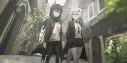 Rule 34 | 2girls, absurdres, animal ear fluff, animal ears, arknights, black hair, black jacket, black legwear, black neckwear, black shorts, brown eyes, building, chihuri, closed mouth, collared shirt, commentary request, day, dress shirt, grey eyes, grey hair, hair between eyes, hair ornament, hairclip, hand in pocket, highres, jacket, lappland (arknights), pantyhose under shorts, long hair, long sleeves, multiple girls, necktie, open clothes, open jacket, outdoors, pantyhose, scar, scar across eye, scar on face, shirt, short shorts, shorts, smile, tail, texas (arknights), very long hair, walking, white shirt, window