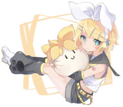 Rule 34 | 1girl, bare shoulders, belt, blonde hair, blue eyes, blush, bow, bowtie, character doll, closed mouth, crop top, detached sleeves, hugging doll, hair bow, hair ornament, hairclip, headphones, holding, kagamine rin, leg warmers, looking to the side, hugging object, sailor collar, shirt, short hair, shorts, sitting, sleeveless, smile, smiley face, solo, stuffed toy, vocaloid, white footwear, yuuani