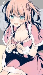 Rule 34 | 1girl, bed, blush, bow, bow bra, bra, breasts, capelet, christmas, cleavage, collarbone, commentary request, drawstring, eyelashes, flying sweatdrops, fur-trimmed capelet, fur-trimmed skirt, fur trim, green eyes, hair ribbon, hands up, highres, looking at viewer, medium breasts, medium hair, navel, open mouth, orange hair, original, pom pom (clothes), red bra, red capelet, red ribbon, red skirt, ribbon, simple background, sitting, skirt, solo, stomach, sweatdrop, swept bangs, translated, twitter username, two side up, underwear, wavy mouth, wristband, yu yu