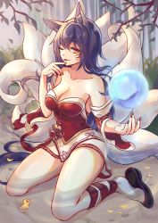Rule 34 | 1girl, ahri (league of legends), animal ears, az (zero glvimayhop), bare shoulders, black hair, breasts, cleavage, detached sleeves, energy ball, facial mark, fingernails, fox ears, fox tail, highres, korean clothes, large breasts, league of legends, lips, long hair, looking at viewer, multiple tails, nail polish, one eye closed, red nails, slit pupils, solo, tail, water, whisker markings, yellow eyes