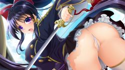 Rule 34 | 1girl, ass, black skirt, blue hair, blush, breasts, cloud, covered erect nipples, from behind, game cg, hair ribbon, holding, holding sword, holding weapon, huge breasts, kouki kuu, legs, long hair, long sleeves, looking back, open mouth, partially visible vulva, ponytail, puffy nipples, purple eyes, pussy, ribbon, school uniform, sengo muramasa: ken no gaika, serious, skirt, sky, solo, standing, sword, thighs, thong, weapon