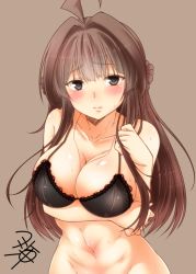 Rule 34 | 10s, 1girl, ahoge, bare arms, bare shoulders, between breasts, black bra, blunt bangs, blush, bottomless, bra, breast hold, breasts, brown background, brown eyes, brown hair, cleavage, closed mouth, collarbone, embarrassed, frown, hair intakes, hand on own chest, jewelry, kantai collection, kongou (kancolle), lace, lace-trimmed bra, lace trim, large breasts, long hair, looking at viewer, navel, necklace, out-of-frame censoring, shiny skin, signature, simple background, solo, stomach, straight hair, sweat, tareme, toned, underwear, very long hair, yua (checkmate)