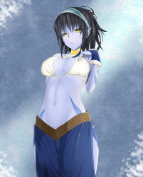 Rule 34 | 00s, 1girl, bad id, bad pixiv id, black hair, blue background, blue dress, blue skin, blue theme, celsius (tales), choker, cleavage cutout, clothing cutout, colored skin, dress, expressionless, gloves, hairband, highres, milaria, navel, pointy ears, short hair, solo, tales of (series), tales of symphonia, yellow eyes