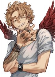 Rule 34 | 1boy, arm tattoo, bad id, bad pixiv id, blonde hair, boku no hero academia, bracelet, commentary, ear piercing, earrings, facial hair, feathered wings, feathers, grey background, grin, half-closed eyes, hand on own chin, hawks (boku no hero academia), highres, jewelry, kadeart, looking at viewer, male focus, piercing, red wings, ring, shirt, short hair, short sleeves, simple background, smile, solo, spiked hair, tattoo, teeth, upper body, upper teeth only, watch, white shirt, wings, wristwatch