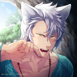 Rule 34 | 1boy, animal ears, artist name, cat boy, cat ears, cave, day, fangs, jewelry, locksuke, looking at viewer, male focus, necklace, original, shirt, sunlight, tongue, tongue out, tree, white hair, yellow eyes