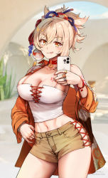 Rule 34 | 1girl, arm tattoo, blonde hair, blurry, blurry background, breast tattoo, breasts, choker, cleavage, collarbone, commentary, cowboy shot, foreshortening, foxyreine, genshin impact, hair between eyes, hair intakes, hair ornament, highres, holding, holding phone, japanese clothes, jewelry, large breasts, leaning to the side, long sleeves, looking at viewer, multiple rings, navel, open clothes, patreon logo, phone, ring, selfie, short shorts, shorts, signature, single bare shoulder, smartphone case, smile, solo, standing, tattoo, thighs, toned, tongue, tongue out, watermark, web address, yoimiya (genshin impact)