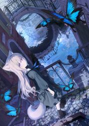 Rule 34 | 1girl, absurdres, animal ears, black dress, black footwear, blue butterfly, boots, bridge, bug, building, butterfly, canal, dress, fence, fox ears, fox girl, fox tail, grey hair, highres, insect, iron fence, long hair, looking at viewer, mikisai, original, pedestrian bridge, purple eyes, reflection, reflective water, sett, sleeves past elbows, smile, solo, tail, water