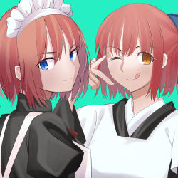 Rule 34 | 2girls, :q, apron, aqua background, black dress, black kimono, blue bow, blue eyes, bow, closed mouth, commentary request, dress, hair between eyes, hair bow, half updo, hisui (tsukihime), japanese clothes, juliet sleeves, kimono, kohaku (tsukihime), long sleeves, looking at viewer, maid, maid apron, maid headdress, mixed maids, multiple girls, one eye closed, puffy sleeves, red hair, short hair, siblings, simple background, sisters, smile, tongue, tongue out, tsukihime, tsukihime (remake), ttumupen, twins, upper body, v, wa maid, white apron, wide sleeves, yellow eyes