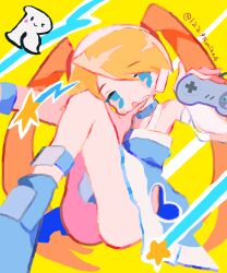 Rule 34 | 1girl, :o, ass, bare shoulders, blonde hair, blue dress, blue eyes, clothing cutout, controller, detached sleeves, dress, full body, game controller, headphones, headset, heart cutout, highres, holding, holding controller, holding game controller, knees up, long hair, looking at viewer, noniha, open mouth, rta-chan, rta in japan, sitting, sleeveless, sleeveless dress, solo, star (symbol), twintails, twitter username, very long hair, yellow background