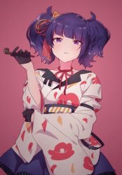 Rule 34 | 1girl, black gloves, diagonal bangs, gloves, hair ornament, half gloves, highres, holding, holding smoking pipe, idolmaster, idolmaster shiny colors, japanese clothes, kimono, kimono skirt, looking at viewer, norada, pink background, purple eyes, purple hair, red background, short twintails, simple background, skirt, smoking pipe, solo, tanaka mamimi, twintails, v-shaped eyebrows