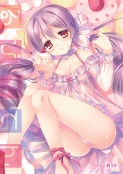 Rule 34 | 1girl, :o, ankle ribbon, ass, babydoll, breasts, brown eyes, cleavage, content rating, drill hair, food, food on body, food on face, hair ribbon, highres, icing, leg ribbon, long hair, no pants, original, panties, pastry, purple hair, ribbon, rubi-sama, solo, suggestive fluid, twin drills, twintails, underwear, very long hair