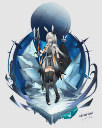 Rule 34 | 1girl, absurdres, animal ears, arknights, artist name, artist request, black gloves, coat, commentary request, dated, destiny (game), frostnova (arknights), ghost (destiny), gloves, grey eyes, grey hair, hair ornament, hair over one eye, hairclip, highres, holding, jacket, long hair, looking at viewer, rabbit ears, shirt, simple background, solo, tachi-e, tagme, the traveler (destiny), vicarius (nxuens555), white hair