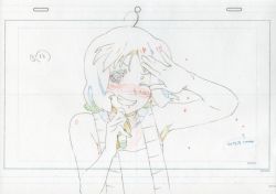 Rule 34 | 1girl, blush, color trace, highres, macross, macross frontier, macross frontier: itsuwari no utahime, microphone, nattou, one eye closed, production art, ranka lee, sketch, smile, solo, sweat, wink