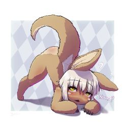 Rule 34 | 1other, :3, ?, all fours, animal ears, argyle, argyle background, argyle clothes, artist name, body fur, bune poster, full body, furry, grey background, horizontal pupils, jack-o&#039; challenge, light blush, looking at viewer, made in abyss, multicolored background, nanachi (made in abyss), rabbit ears, shirt, short hair, sidelocks, simple background, solo, tail, white background, white shirt, yellow eyes