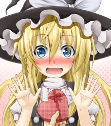 Rule 34 | 1girl, blonde hair, blue eyes, blush, commentary request, female focus, flask (pandora), gift, giving, hat, heart, highres, kirisame marisa, long hair, looking at viewer, open mouth, pov, solo focus, tears, touhou, tsundere, valentine, witch hat