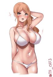 Rule 34 | 1girl, blonde hair, blush, bra, breasts, brown eyes, brown hair, cowboy shot, hair between eyes, highres, kantai collection, large breasts, littorio (kancolle), long hair, looking at viewer, navel, one-hour drawing challenge, open mouth, panties, polka dot, ponytail, smile, solo, sparkle, tf cafe, twitter username, underwear, wavy hair, white background, white bra, white panties