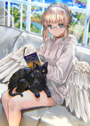 Rule 34 | 1girl, angel, angel wings, animal, animal on lap, bare legs, black cat, black choker, blonde hair, blue sky, blush, book, braid, cat, cat on lap, choker, chromatic aberration, commentary request, couch, drawstring, feathered wings, feet out of frame, floating island, french braid, from above, glasses, green eyes, highres, hood, hood down, hoodie, indoors, light rays, on lap, original, parted lips, ran&#039;ou (tamago no kimi), reading, rimless eyewear, sitting, sky, solo, thighs, window, wings