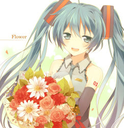 Rule 34 | 1girl, :d, aqua eyes, aqua hair, bad id, bad pixiv id, bare shoulders, bouquet, daisy, detached sleeves, flower, hatsune miku, holding, leaf, long hair, looking at viewer, necktie, open mouth, pink flower, pink rose, rose, smile, solo, twintails, upper body, uramakaron, vocaloid