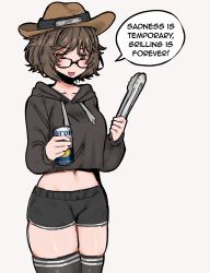 Rule 34 | 1girl, aki (snale), beer can, black hoodie, black shorts, black thighhighs, blush, brown eyes, brown hair, brown hat, can, corona (brand), cowboy hat, cowboy shot, cropped hoodie, drink can, english text, glasses, hat, highres, holding, holding can, holding tongs, hood, hoodie, konohagakure symbol, long sleeves, looking back, midriff, naruto (series), navel, open mouth, original, short shorts, shorts, skindentation, snale, solo, speech bubble, standing, thighhighs, tongs, truth
