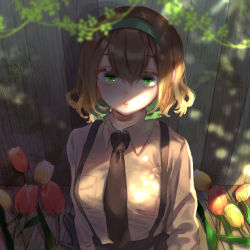 Rule 34 | 1girl, arms at sides, axis powers hetalia, belgium (hetalia), black necktie, blurry, breasts, brown hair, collared shirt, dappled sunlight, depth of field, fence, flower, from above, green eyes, green ribbon, hairband, hatake hukuro, large breasts, long sleeves, looking afar, necktie, parted lips, plant, ribbon, shade, shirt, solo, sunlight, suspenders, tulip, upper body, vines, wavy hair, wooden fence