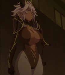Rule 34 | 10s, 1girl, breasts, cleavage, dark skin, dark-skinned female, female focus, green eyes, hand on own hip, highres, horns, large breasts, navel, screencap, shinmai maou no testament, solo, standing, stitched, third-party edit, white hair, zest