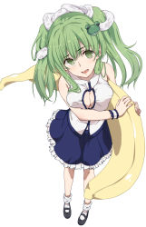 Rule 34 | 1girl, alternate hairstyle, bad id, bad pixiv id, banana boat, bare shoulders, breasts squeezed together, breasts, cleavage, frog hair ornament, from above, green eyes, green hair, haine, hair ornament, highres, kochiya sanae, large breasts, matching hair/eyes, snake, solo, touhou, twintails