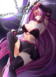 Rule 34 | 1girl, absurdres, adapted costume, black footwear, black skirt, blindfold, boots, breasts, collar, collarbone, covered eyes, detached sleeves, facial mark, fate/grand order, fate/stay night, fate (series), forehead mark, high heel boots, high heels, highres, large breasts, long hair, medusa (fate), medusa (rider) (fate), midriff, miniskirt, nameless dagger (fate), navel, purple blindfold, purple hair, skirt, solo, thigh boots, thighhighs, very long hair, vilde loh hocen
